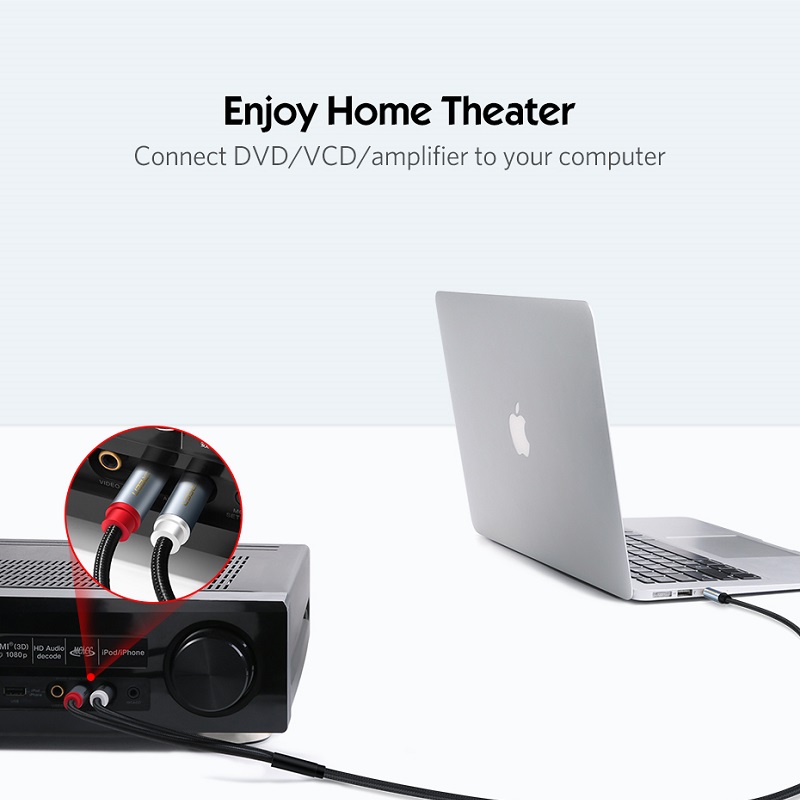 Ugreen rca-äänikaapeli 2 uros 3.5mm jakki - aux-linja punottu jakaja kotiteatteriin