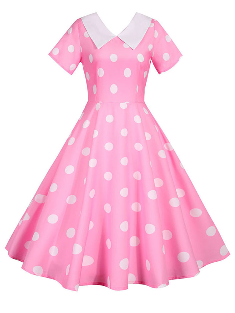 Robe d'été Vintage à pois pour femmes, col Peter Pan, ligne a, taille haute, manches courtes, élégante, vêtements rétro: M / Rose