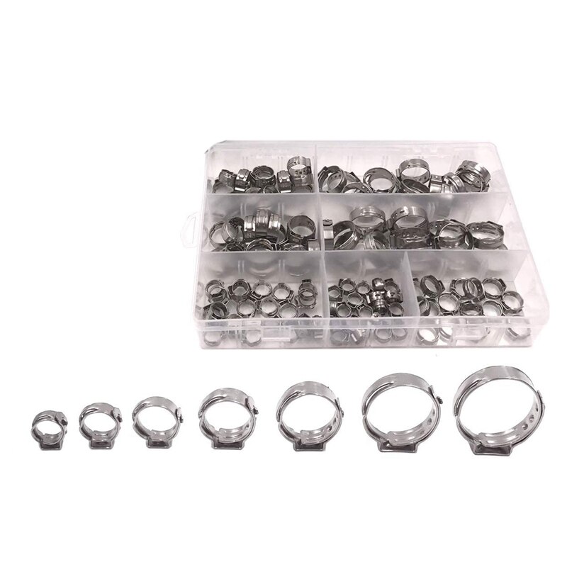 Cinch Clamp Rings, Single Ear Stepless Hose Clamps Assortment Kit, Crimp Pinch Fitting Tools,304 Stainless Steel(130Pcs)