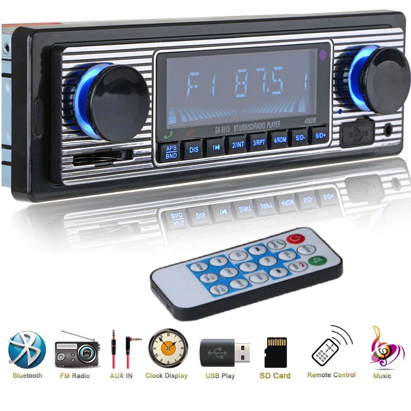 Langaton autoradio 1 din bluetooth retro  mp3 multimediasoitin aux usb fm play vintage stereosoitin kauko -ohjaimella