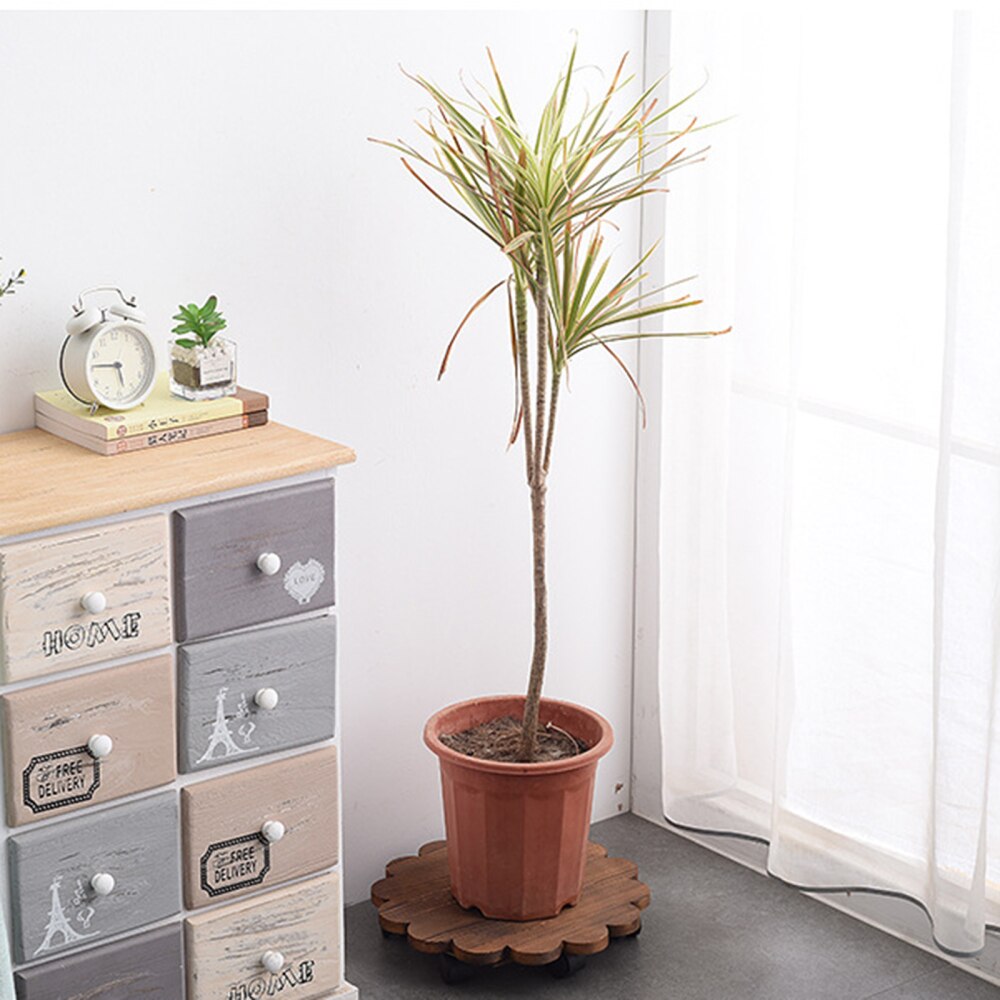 Flower Pot Cart Solid Wood Planter Trolley Flower Pot Stand Wooden 360° Swivel Castors Movable With Wheels Mobile Plant Stand