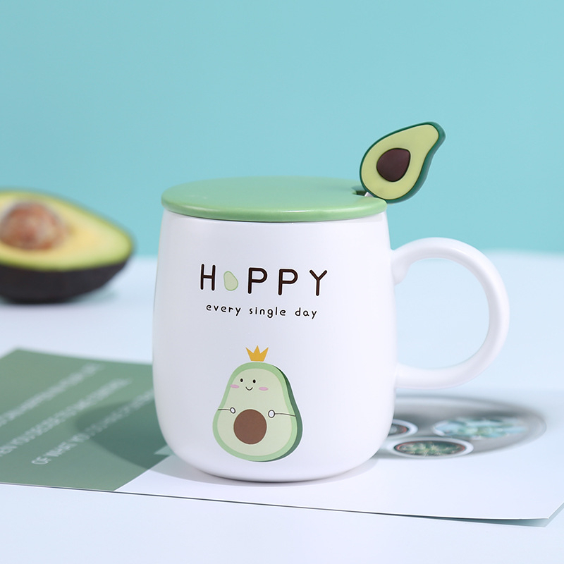 Cartoon Avocado Ceramic Coffee Mug With Lid Spoon Heat-resistant Milk Tea Water Mugs Home Office School Drinkware Cup Cute: 2