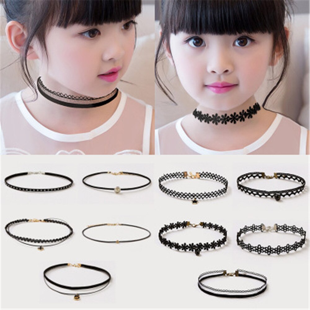 WANGAIYAO Children's Girl Necklace Black Multilayer Lace Velvet Choker Clavicle Collar Decorative Chain Elastic Knit Choker