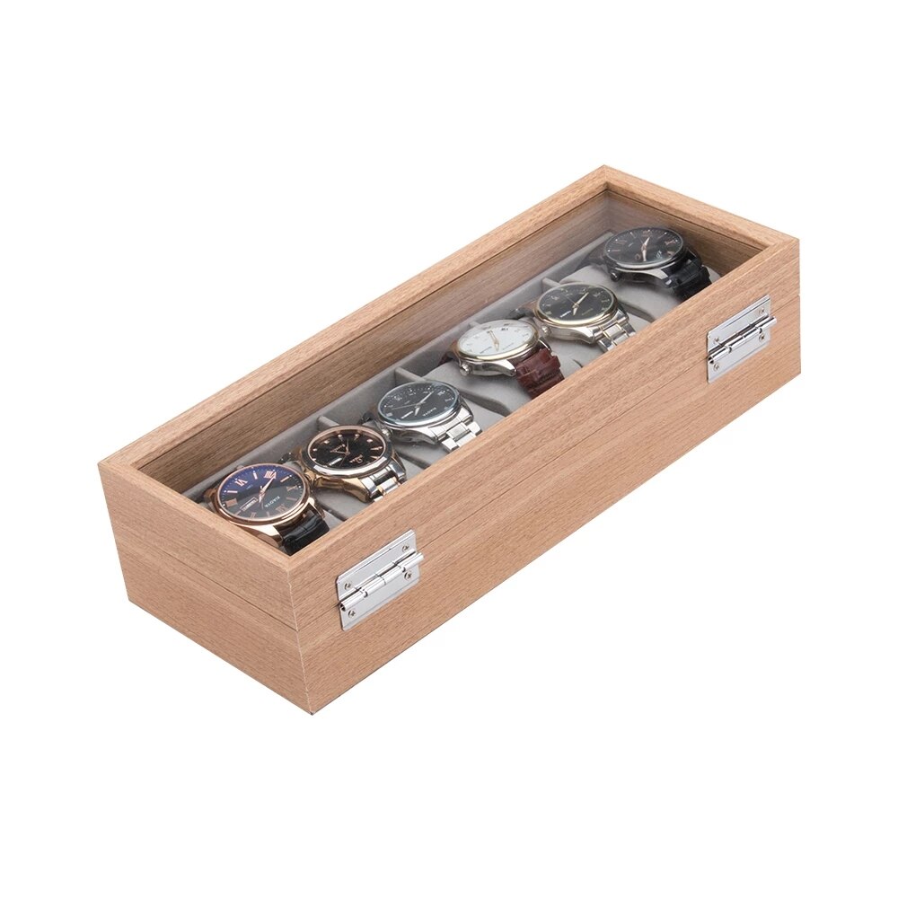 6 Grids Luxe Houten Horloge Doos Horloge Houder Doos Voor Horloges Mannen Glas Top Sieraden Organizer Box 1 2 3 slots Horloge Organizer