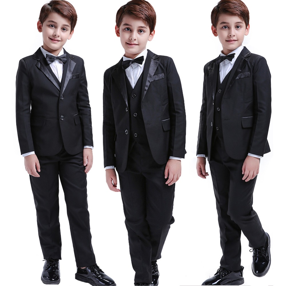 Children Suit Tuxedo Dress Party Ring bearer 5 Pcs Black Toddler Boys Suits Wedding Formal