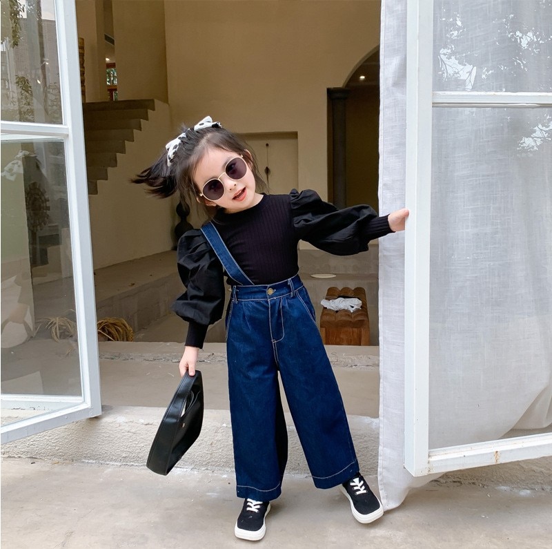 Ouder-kindkleding, moeder en kind herfst slabbetje, afneembare een-schouder slabbetje jeans