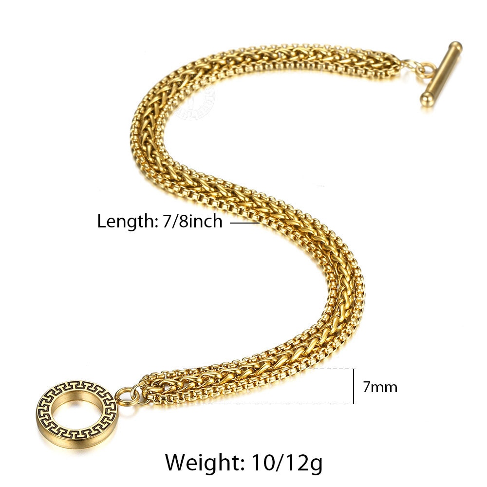 Roestvrij Stalen Armband Voor Mannen Vrouwen Triple Strengen Gold Kleur Doos Tarwe Chain Toggle Sluiting Sieraden AccessoriesTBS019