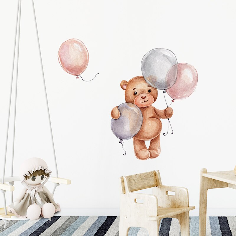 Standing Teddy Bear with Pink Grey Balloons Wall Stickers for Kids Room Baby Nursery Room Decoration BABY Shower Wall Decals PVC