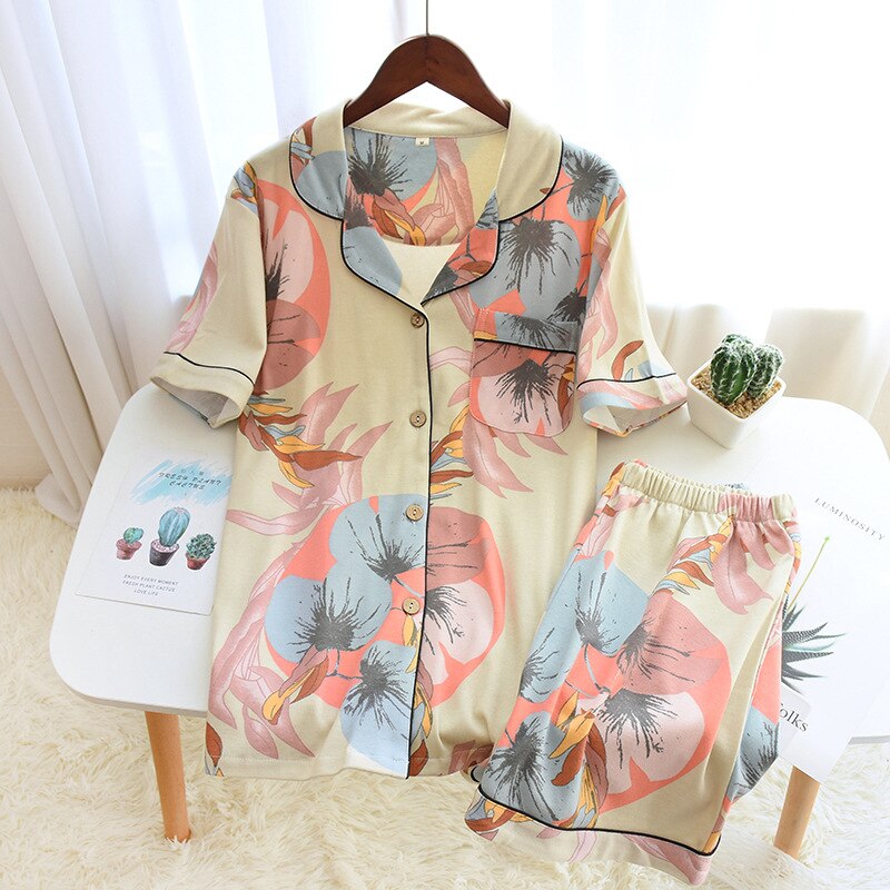 Lente/zomer katoenen dames pyjamaset met korte mouwen en korte broek, dames pyjamaset met grote bloemenprint, thuisservice: Rode en blauwe bloemen / M