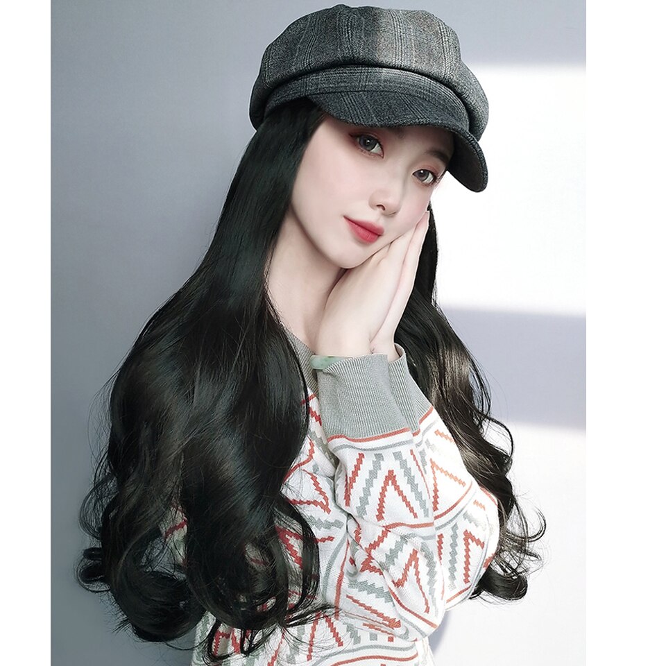 HUAYA casquette avec cheveux longs ondulés perruques pour femmes chapeau perruque synthétique chapeau Extensions de cheveux naturel faux cheveux