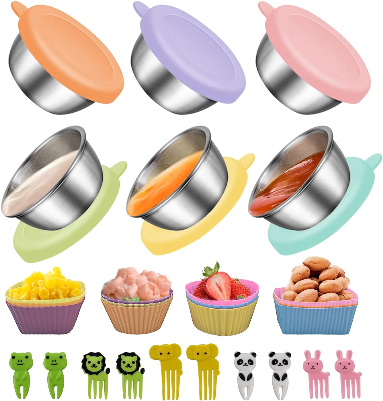 Juego de accesorios para fiambrera Bento escolar para niños con divisores de fiambrera de silicona/horquillas pequeñas para fruta, selecciones de comida/forro de silicona para magdalenas