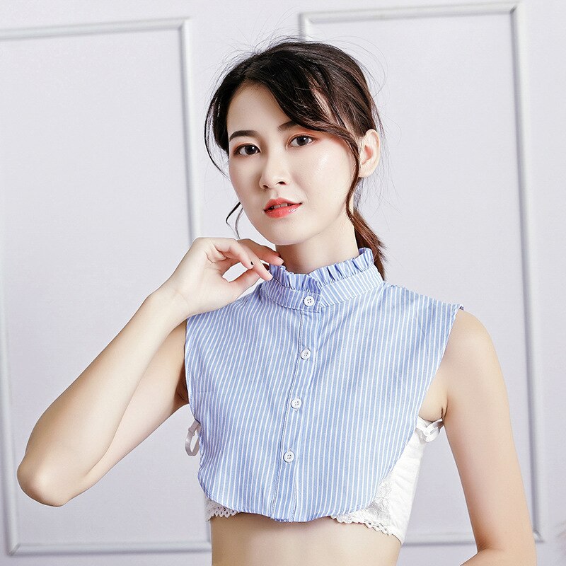 Linbaiway Blauwe Strepen Afneembare Stand Nep Kraag Voor Vrouwen Button Down Valse Kraag Vrouwelijke Verwijderbare Half Shirt Blouse Decor: blue