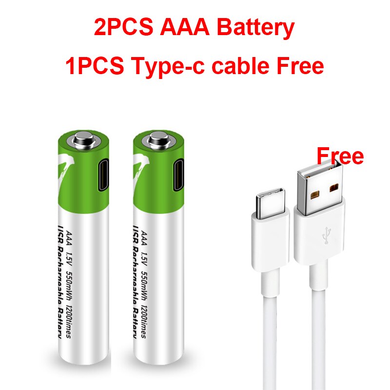 Pilas AAA de iones de litio de 1,5 V, recargables por USB, 750 mWh, para control remoto, ratón inalámbrico + Cable: 2 PCS AAA and Cable