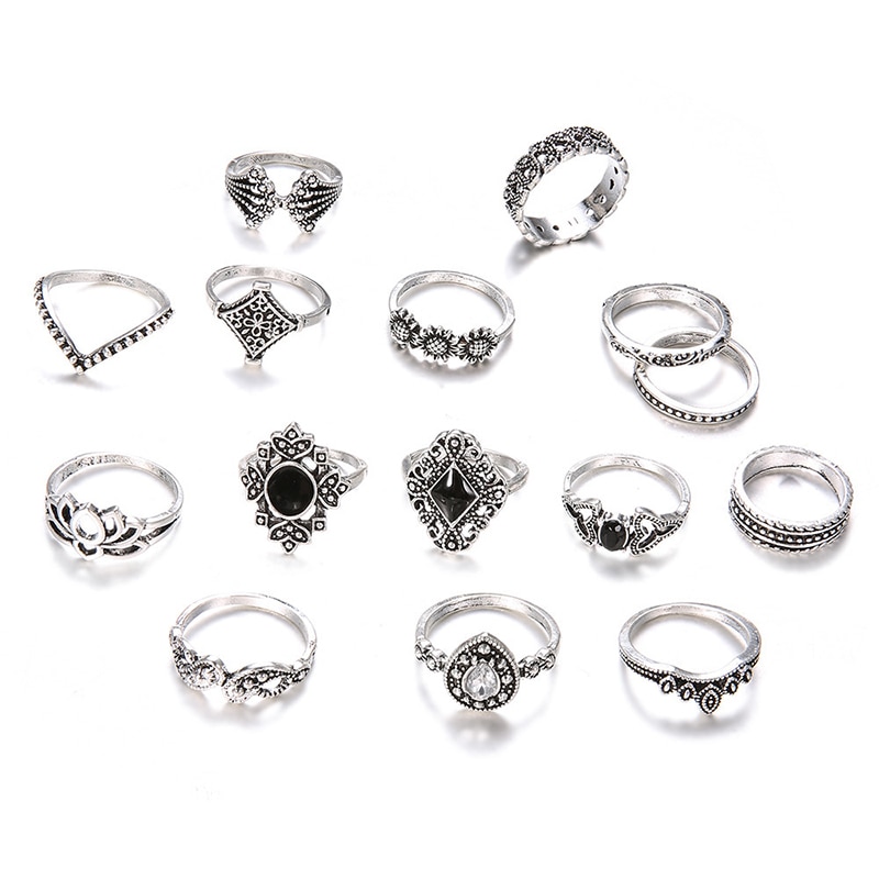 15 teile/satz Böhmischen retro Ringe Kristall Blume Geometrischen Hohl Lotus Edelstein Silber Ring einstellen Frauen Hochzeitstag