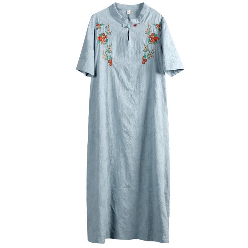 Chinese Dress Qipao Women Long Cheongsam Dress Cotton Linen Embroidery Chinese Traditional Dress Long Dress Qipao KK3698