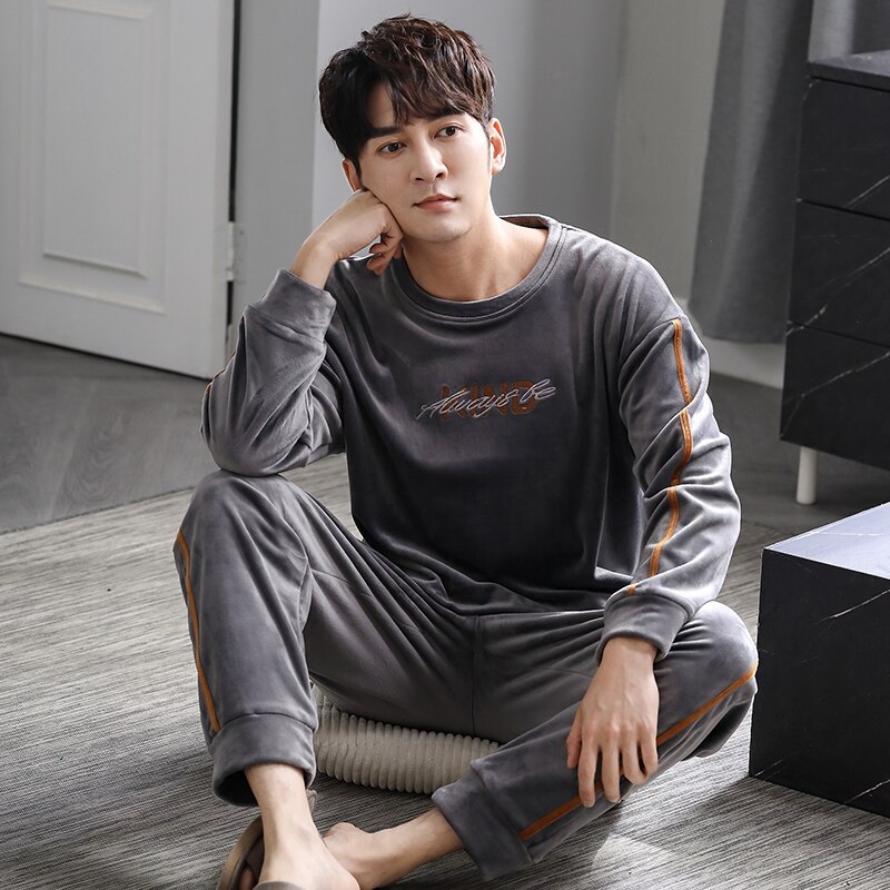 Pyjama en molleton pour homme, ensemble de nuit, col rond, lettre de couverture, épais, garde au , flanelle, vêtements de maison, automne et hiver: LX-71756 Dark Gray / M