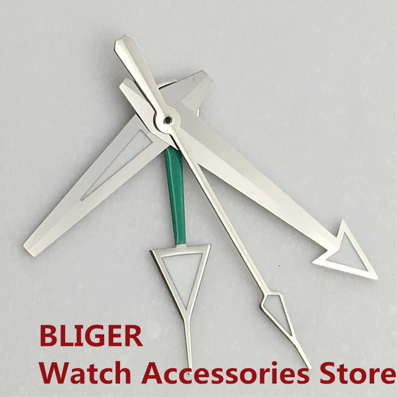 BLIGER Silver Watch Hands Red Blue Green GMT Pointers Fit NH34 Movement Green Luminous 4 PCS: P24/60 #