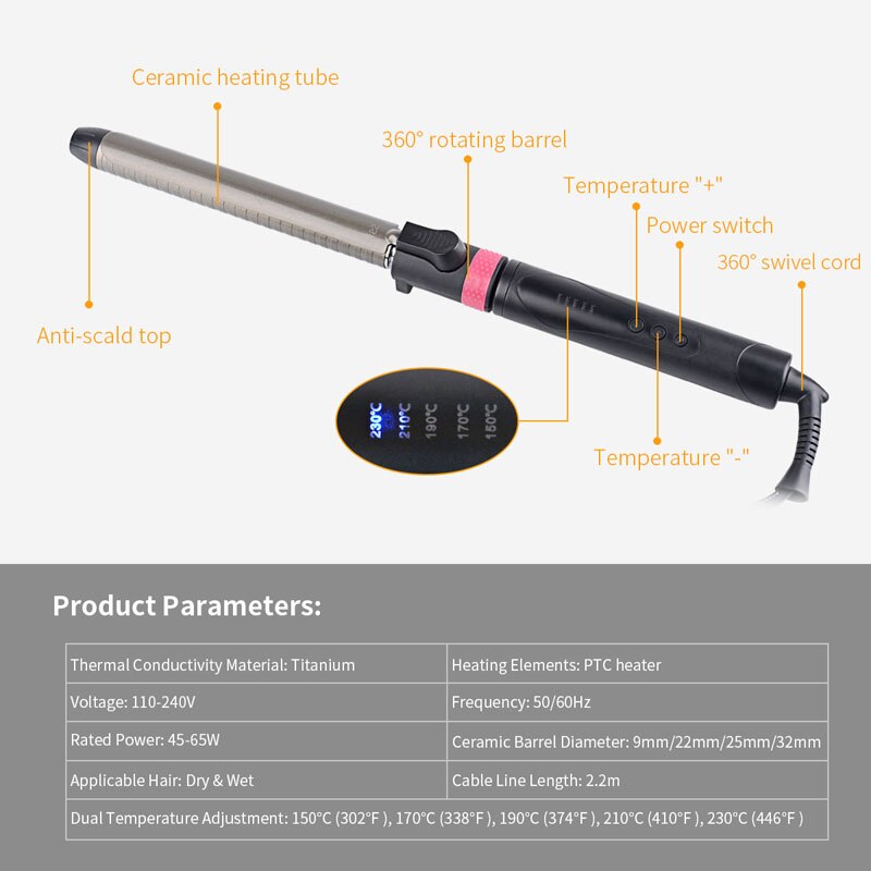 CkeyiN 25 mm 32 mm Rizador de pelo rodillo de pelo Rizador de cabello con temperatura ajustable Varita para rizar el cabello Herramienta para peinar el cabello con ondas grandes