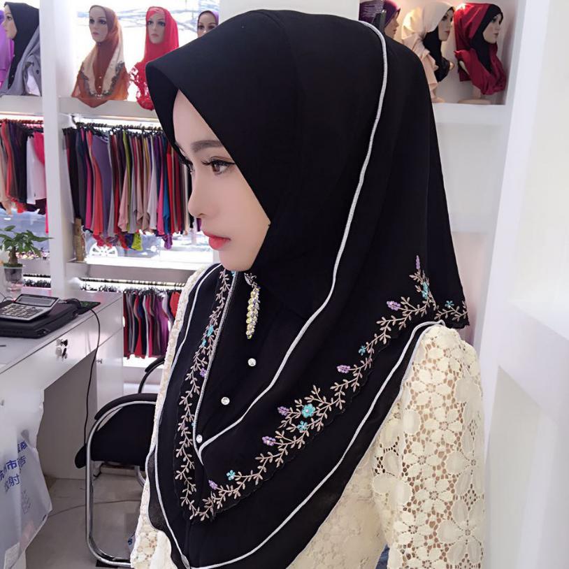 Muslimi huivi kesä malesialainen sifonki kirjonta pää naisten huivi hui peite pitkä pyyhe monivärinen huivi huivi  l609: Musta