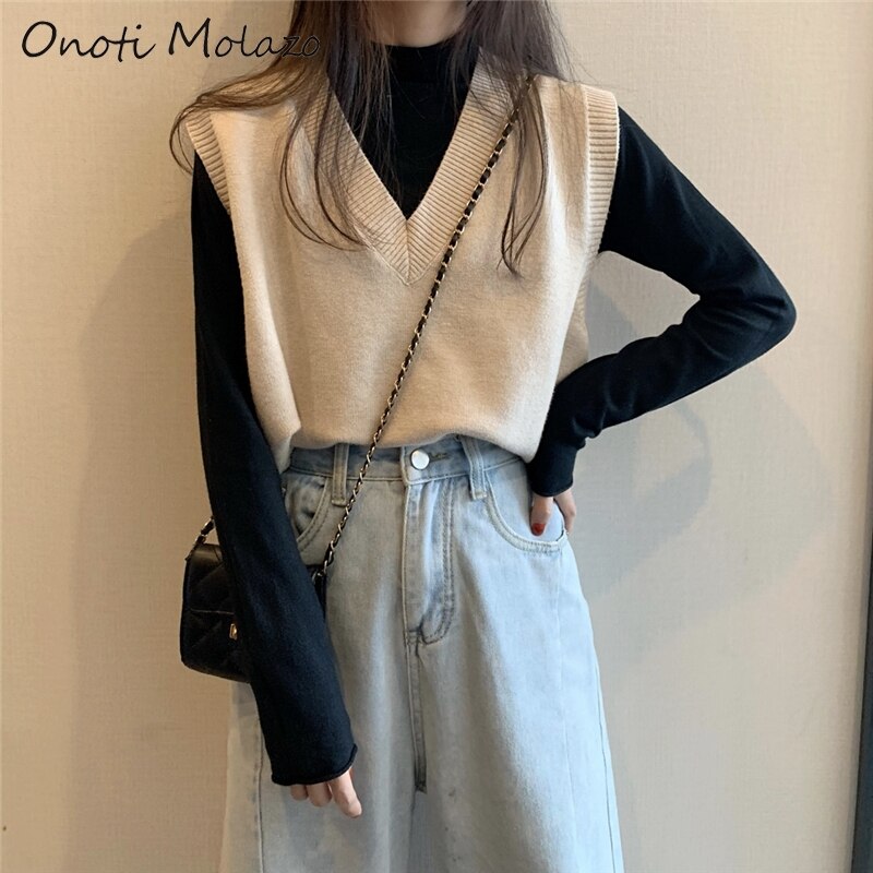 Onoti syksy kiinteä korealaistyylinen neulepusero liivi naiselle neulepusero talvi rento naiset pull femme hiver