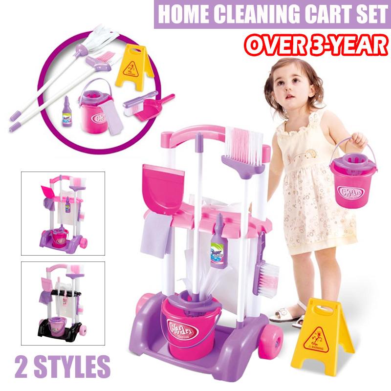 Children Kids Pretend Play Housekeeping Toys Simulation Cleaning Tools Kit Sweeping Mop Brush Trolley Cleaning Toys Set
