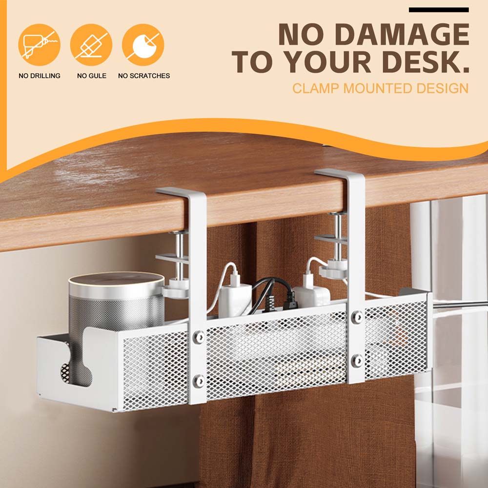 Under Desk Office Table Organizer Rack No Drill Steel Tray Clamp Mount Under Table Cord Wire Management Tray Cable Management