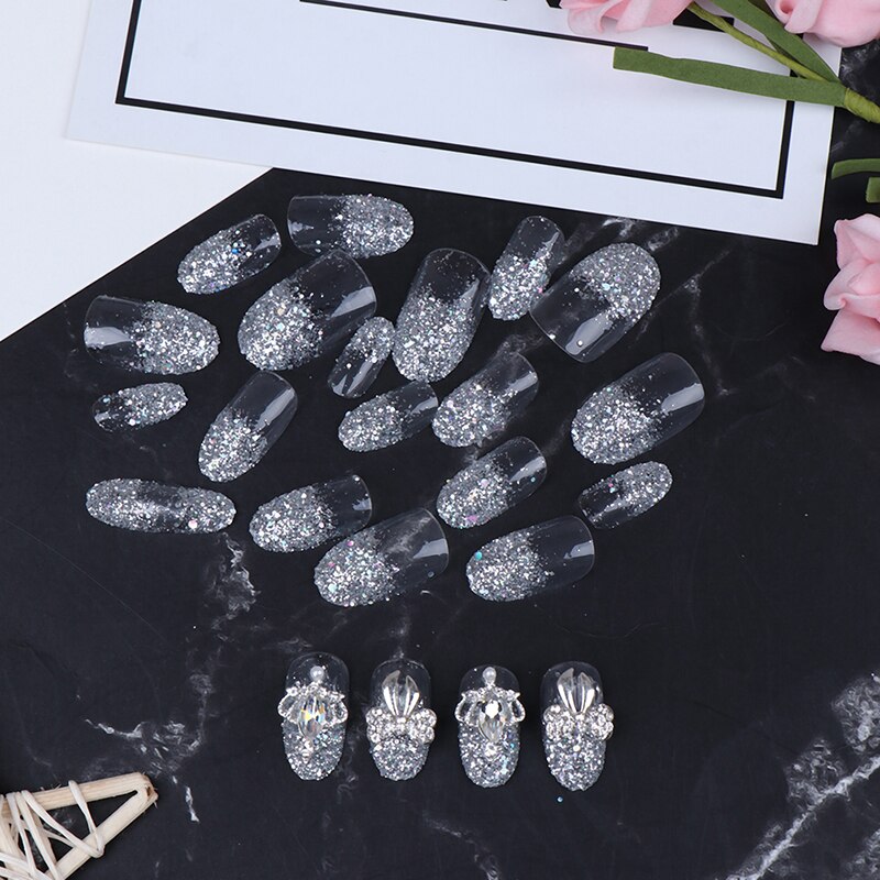 Faux ongles de Luxe brillants avec strass pour mariage, 24 pièces, paillettes transparentes, couronne de gemmes, conçus, carrés, courts