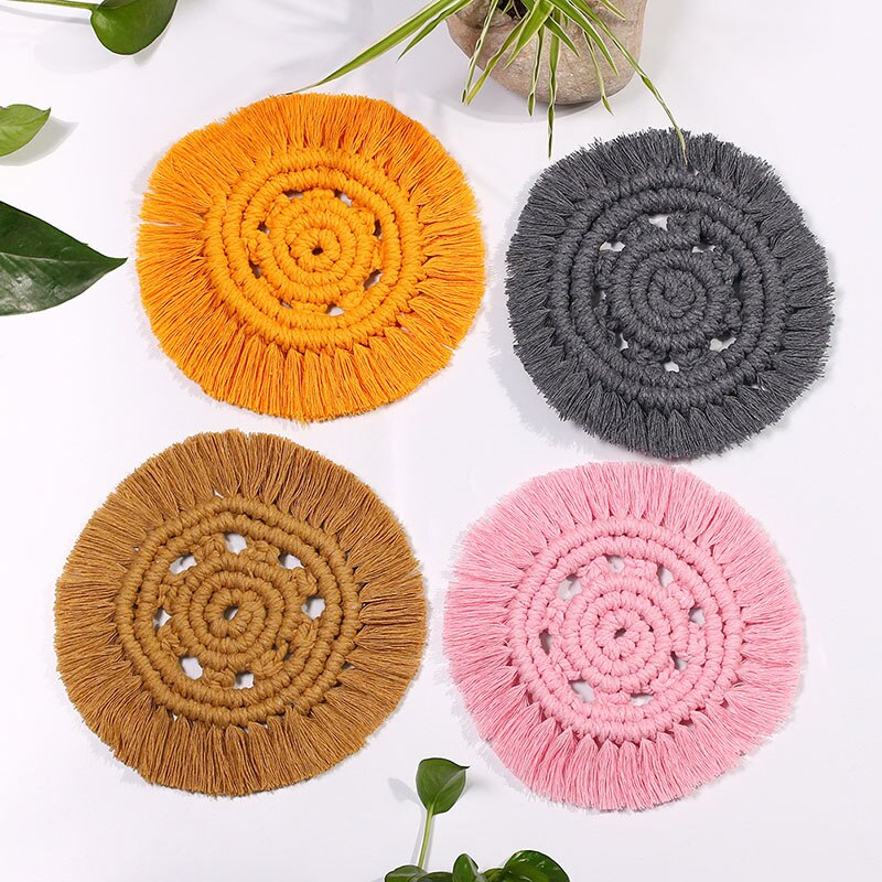 Round Woven Coasters Handmade Macrame Heat-Resistan Cup Mat Tassel Table Decoration for Home TH