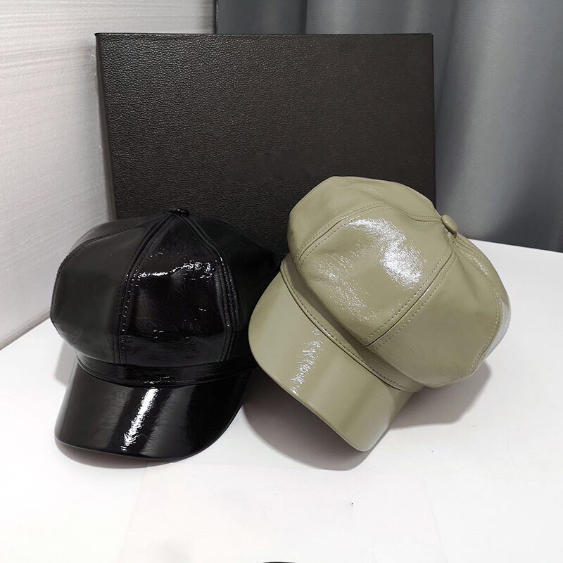Eleganckie czapki dla kobiet jasny sztuczny skórzany rondo ośmiokątny kapelusz dorywczo beret jesień czapka zimowa brytyjskie kapelusze retro dama koreańnarty