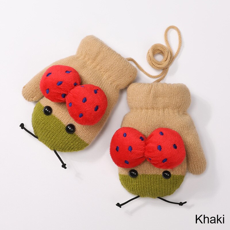 REAKIDS Cute Cartoon Children Gloves 2-5 Years Old Winter Knit Baby Mittens Velvet Thick Children Kids Keep Finger Warm: khaki