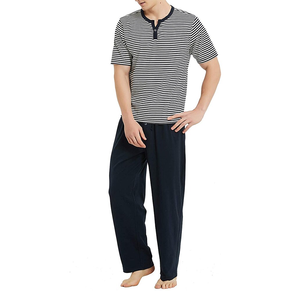 Conjunto de pijamas rayados horizontales para hombre, ropa de dormir de 2 uds, Tops de manga corta a rayas + Pantalones largos sólidos, pantalones sueltos