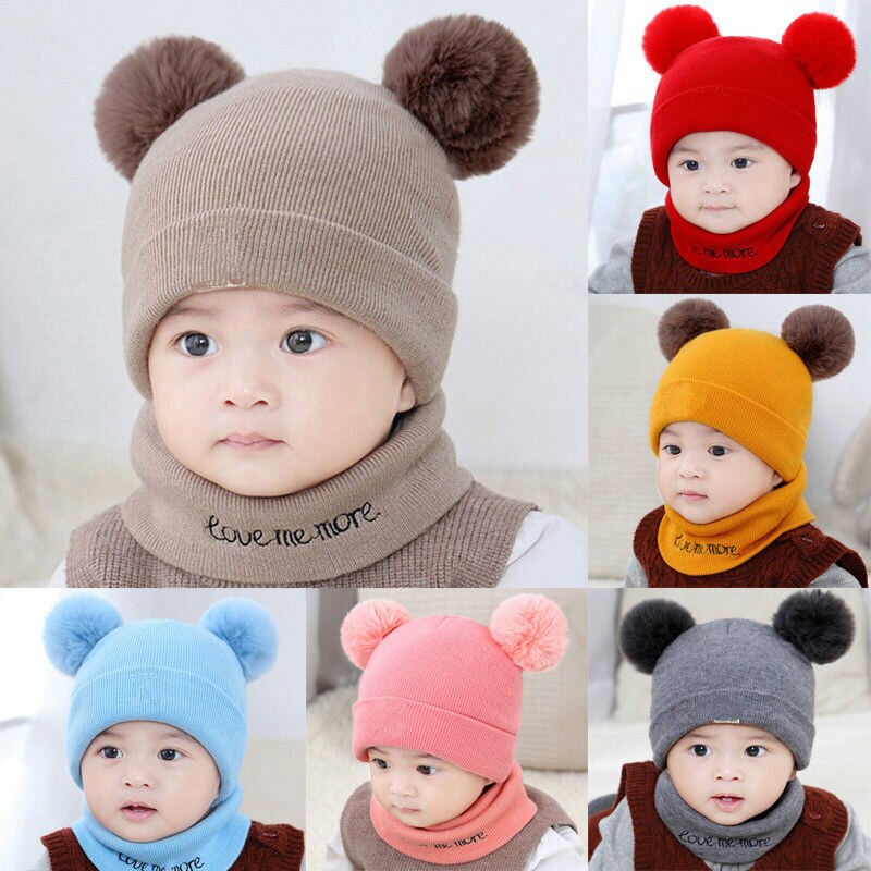 Vinter varme børn hatte sæt kid dobbelt pels pom pom beanie uld strikket hat til baby drenge piger toddler hæklede beanies tørklæder