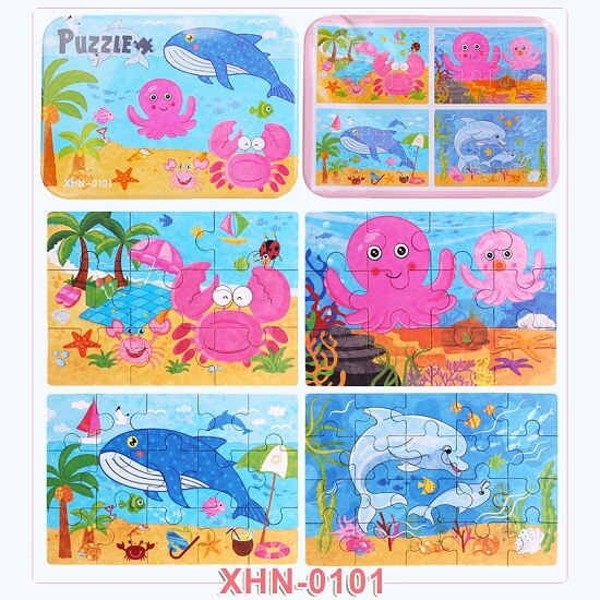 4 sztuk/pudło nowe cztery w jednym drewniane Puzzle zabawka dla dzieci zwierzęta/pojazd poznanie nauka zabawki edukacyjne dla dzieci MG-H01: XHN-0101
