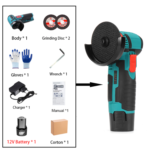 12V Mini Brushless Angle Grinder 500W 19500Rpm Rechargeable Battery Cordless Polishing Machine Diamond Cutting Grinder Tools: 1 Battery
