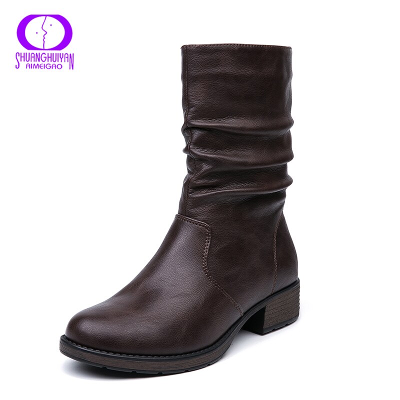 AIMEIGAO-Botas plisadas clásicas de lana para mujer, zapatos de cuero suave con cremallera, protección de trabajo ligera, impermeables, para invierno: Brown / 6