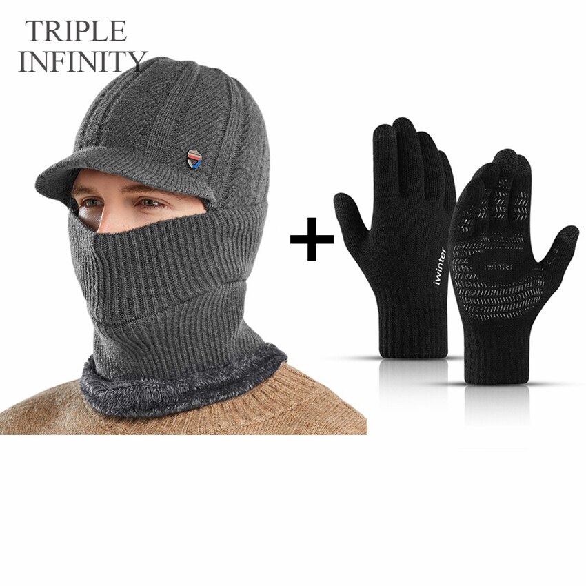 TRIPLE INFINITY Winter Men Knitted Hat Thick Windproof Dust-proof Sun Visor Hats Outdoor Cycling Warm Bonnet Male Baseball Cap: Winter Warm Set I