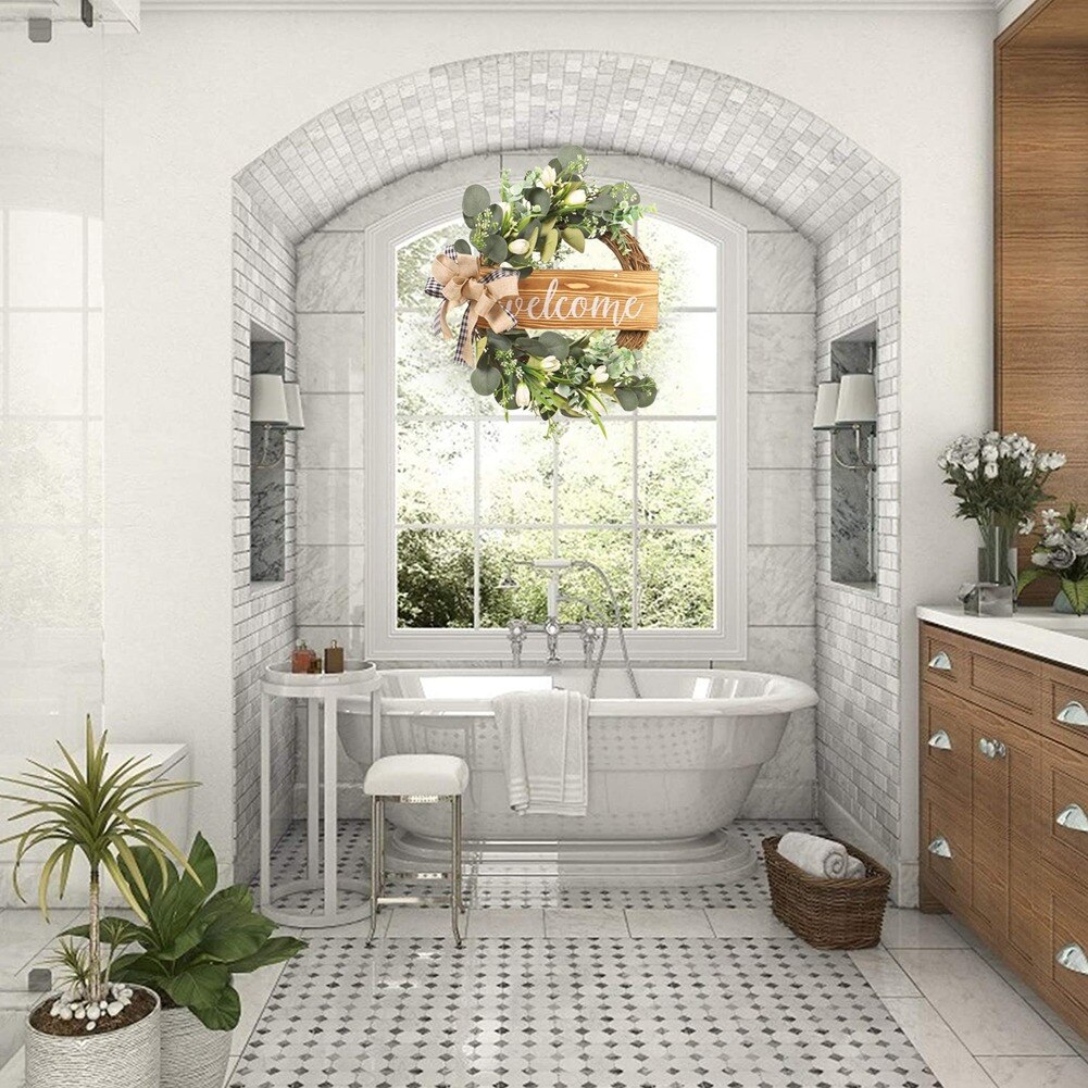 Couronne d'eucalyptus artificielle pour porte d'entrée, guirlande de feuilles de tulipe, signe de bienvenue, décoration de porche pour printemps et été