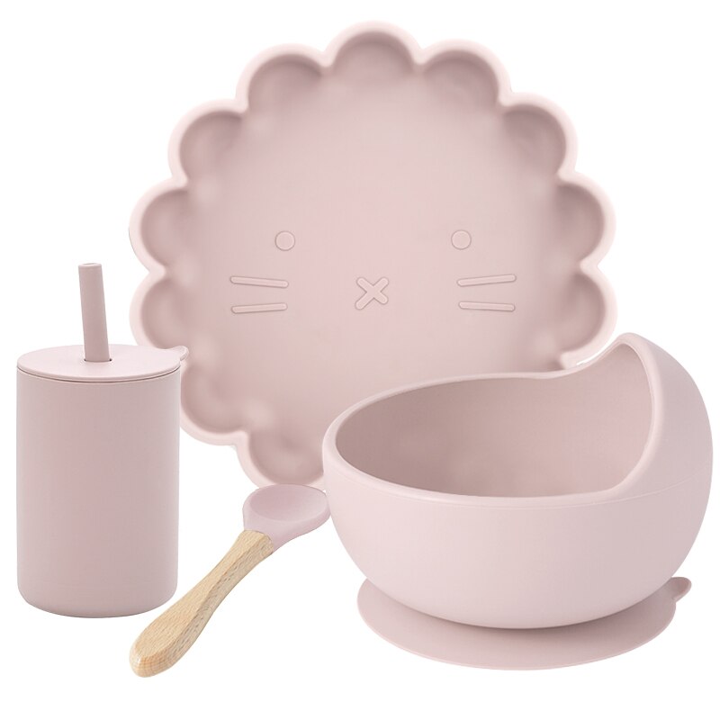 Juego de comida de entrenamiento para niños, cuenco de alimentación para bebé, plato de succión vajilla de silicona de grado alimenticio, taza de paja, artículos para bebé, 4 Uds.: 002A-dasty lilac