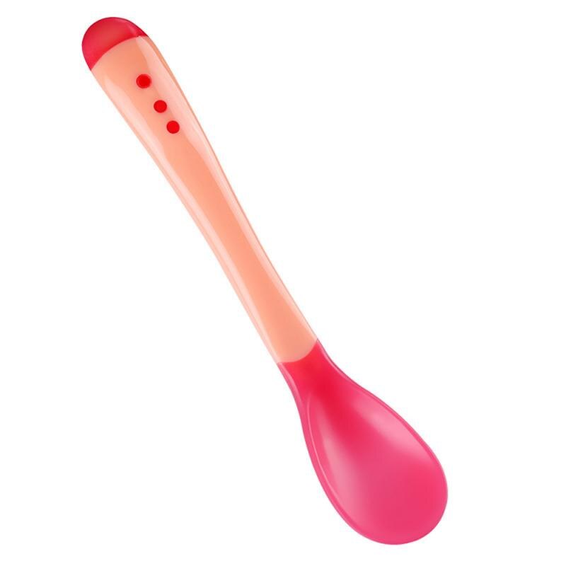 Cuchara y tenedor con sensor de temperatura para niños y niñas, cucharilla de silicona de seguridad para bebés, cubiertos de alimentación: Rosa