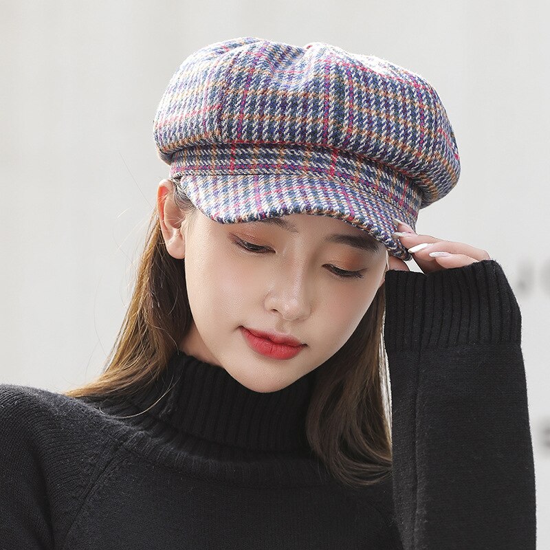 Foux-Gorras a rayas a cuadros para mujer, gorro de , coreana,: Azul