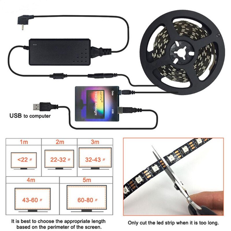 3/5m DIY Ambilight PC Dream Screen USB 30LEDs Strip Kit Computer Monitor Backlight Addressable WS2812B LED Strip