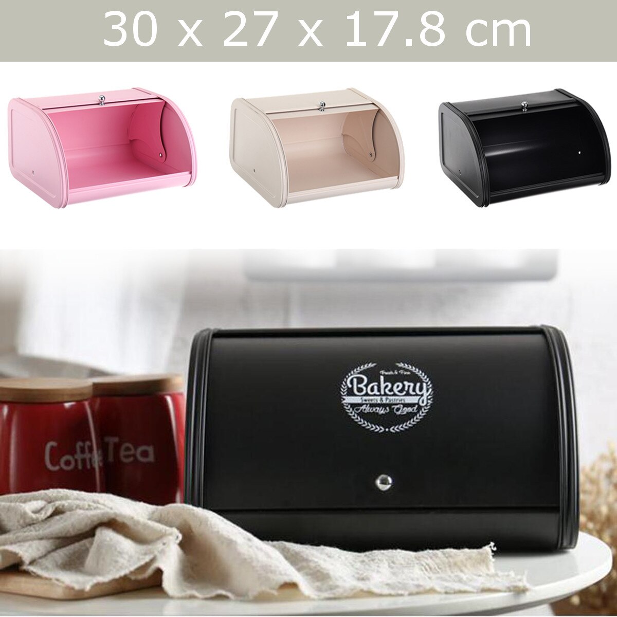 Roll Top Metal Flip-Baked Bread Box Dust-Proof Storage Box Bread Bin Kitchen Food Holder Black Pink White