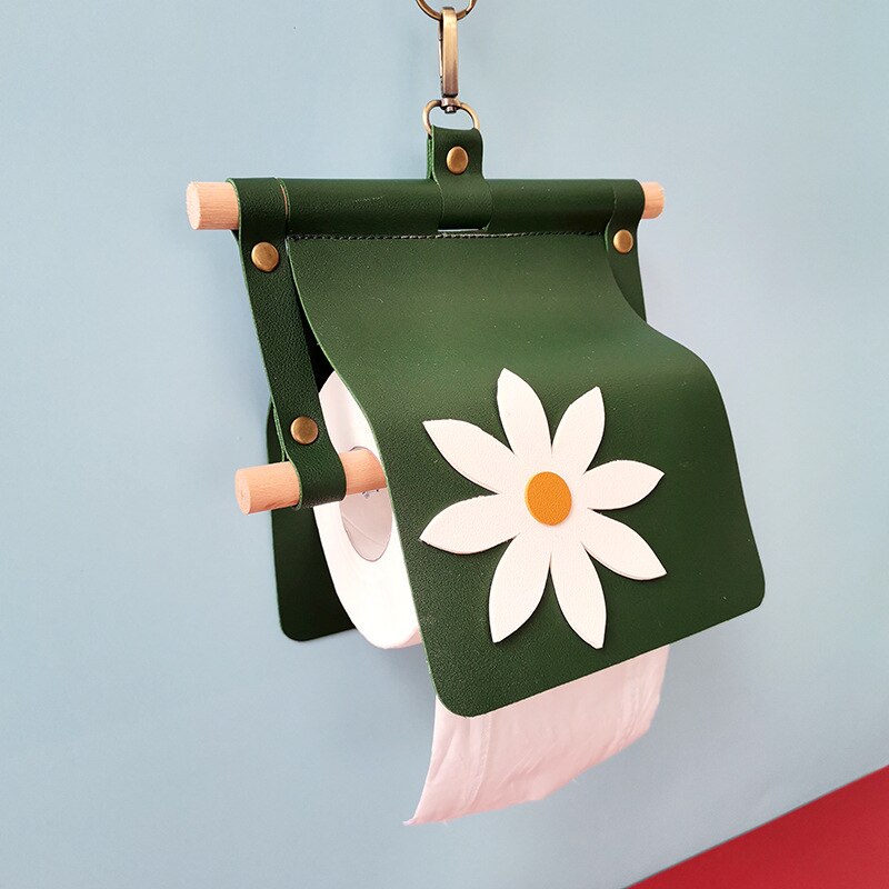 Handmade Leather Toilet Paper Holder Waterproof Flower Bathroom Roll Tissue Box Washroom Contact Paper Storage Rack Home Decor: green