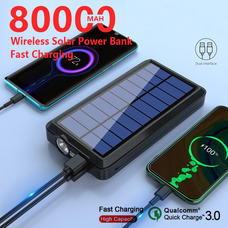 80000Mah Qi Wireless Solar Power Bank Draagbare Externe Lader Snel Opladen Poverbank Led Externe Batterij Voor Iphone Samsung