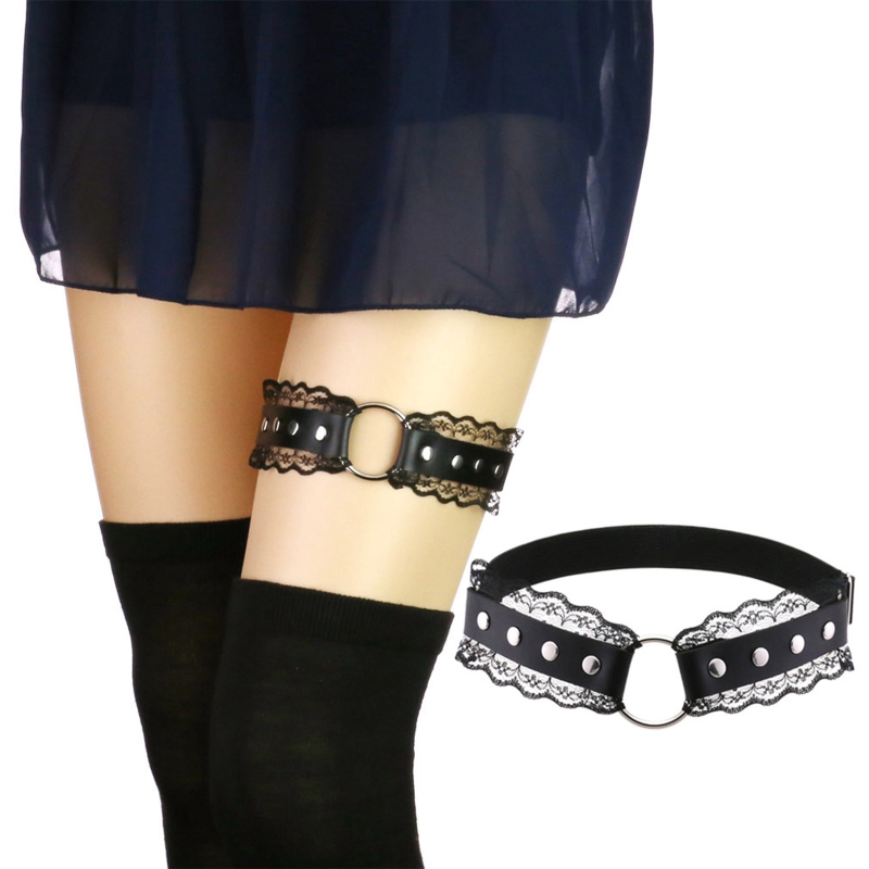 Harnais de jambe en Faux cuir pour femmes, dentelle festonnée, gothique Punk, jarretelles, ceinture cloutée, anneau de cuisse élastique réglable X4YC: style 3
