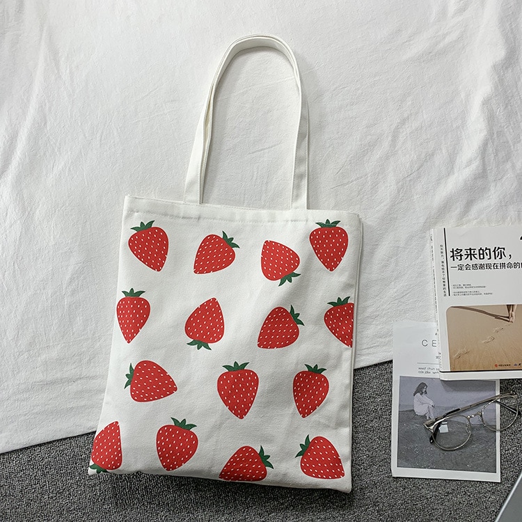 Canvas-einkaufstaschen für damen, erdbeerfarben, schultertaschen für mädchen und studentinnen, großes fassungsvermögen, umweltfreundlich, wiederverwendbar, lässige tragetasche für damen