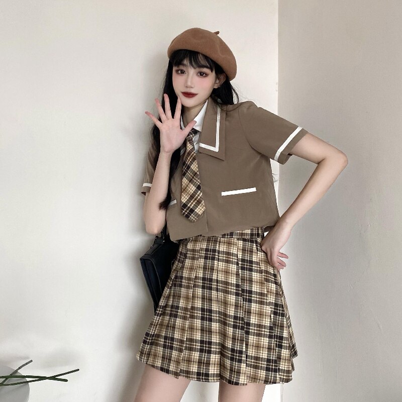 Uniforme scolaire japonais Harajuku Jk d&#39;été, jupe plissée à manches courtes pour femmes, Streetwear à carreaux Mini jupes 2022