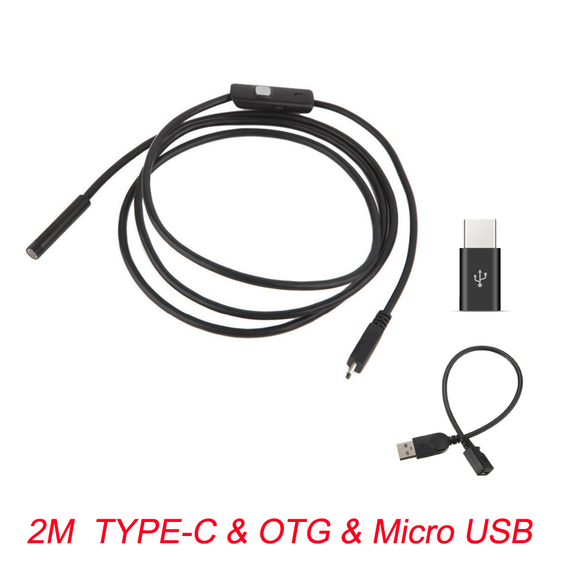 7mm Endoscope Camera Flexible IP67 Waterproof Micro USB Inspection Borescope Camera for Android PC Notebook 6LEDs Adjustable: 2M TYPE-C OTG USB