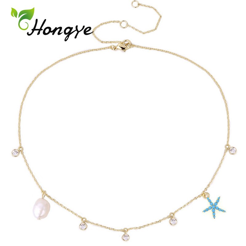 Hongye Baroque Pearls Necklace Jewelry Fresh Summer Ladies Starfish Pendant Necklace 14k Gold Collar Chain Women Jewelry: blue