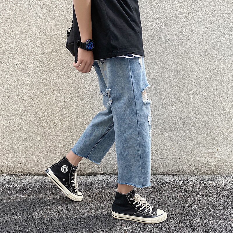 Trasigt hål slits raka ljusa blå & grå jeans koreansk stil lös trend matchande jeansbyxor för ungdomar 5xl
